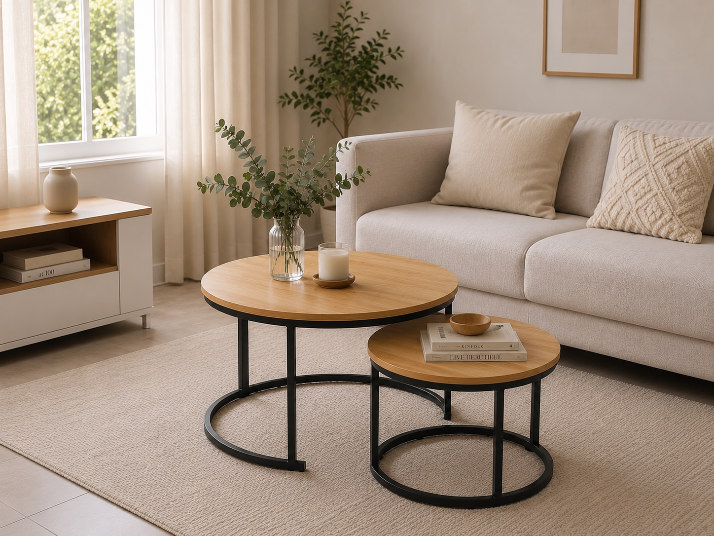 Moonval Nesting Coffee Table Set, Modern Round Side Tables with Marble-Style Tops, 2-Piece