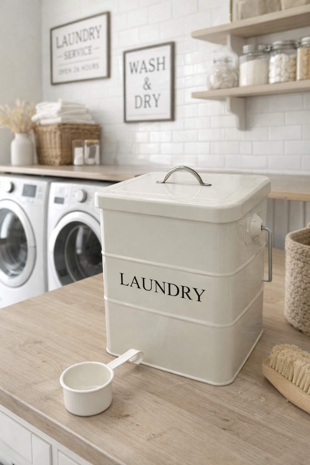 Moonval Steel Laundry Detergent Dispenser, Powder Storage Bin with Scoop & Handle