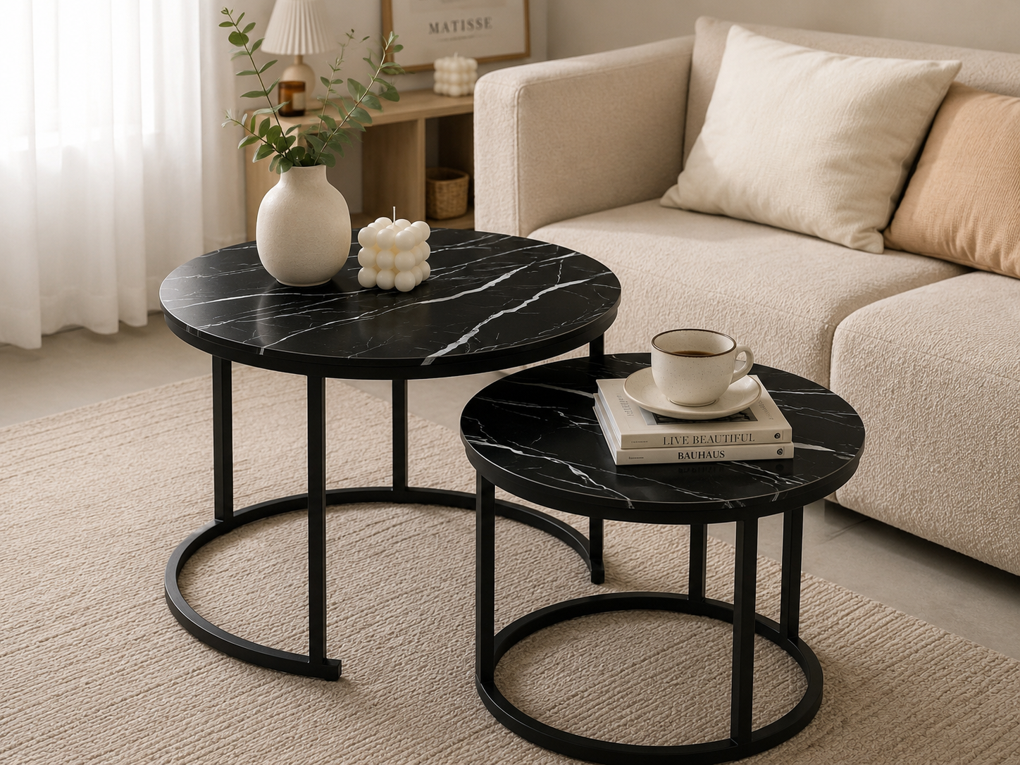 Moonval Nesting Coffee Table Set, Modern Round Side Tables with Marble-Style Tops, 2-Piece