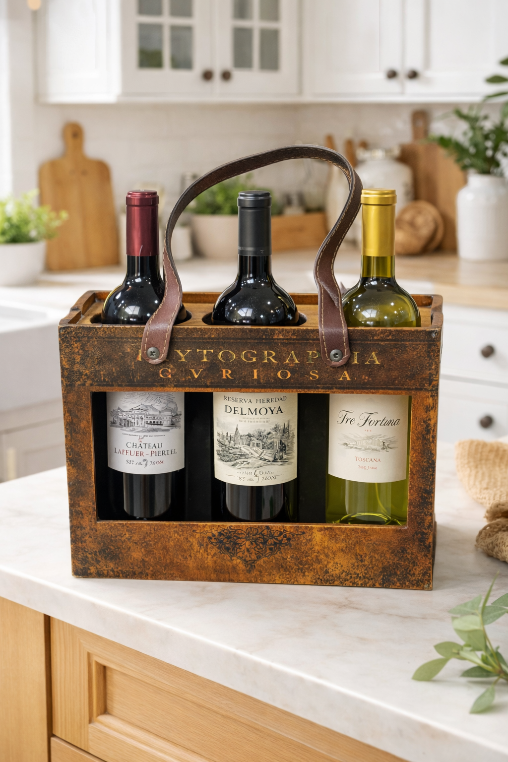 Moonval Decorative 3-Bottle Wine Holder, Rustic Wooden Wine Carrier with Handle