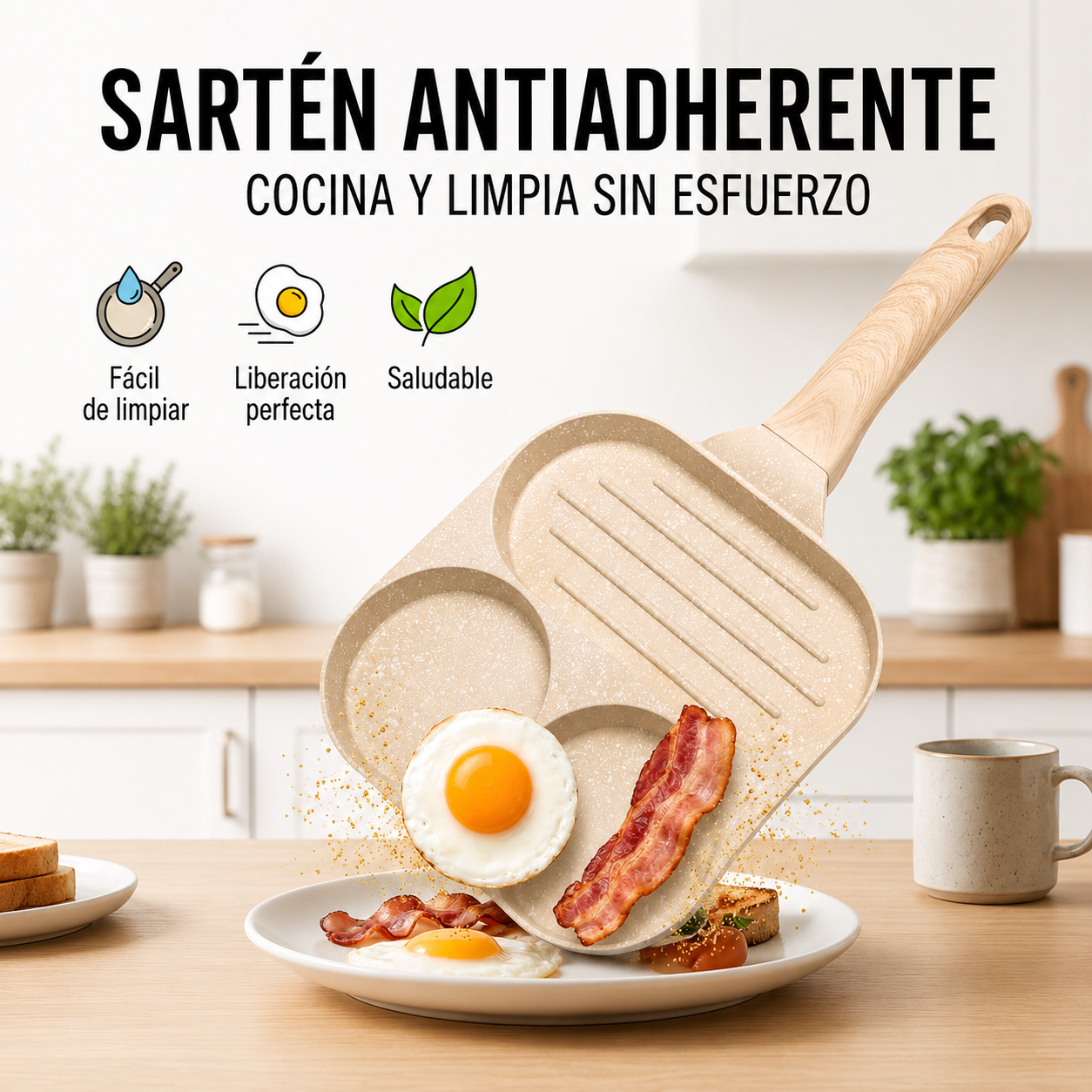 Moonval 3-in-1 Nonstick Frying Pan, Multi-Section Skillet for Eggs, Pancakes & Breakfast Cooking