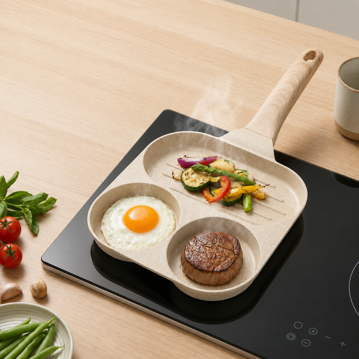 Moonval 3-in-1 Nonstick Frying Pan, Multi-Section Skillet for Eggs, Pancakes & Breakfast Cooking