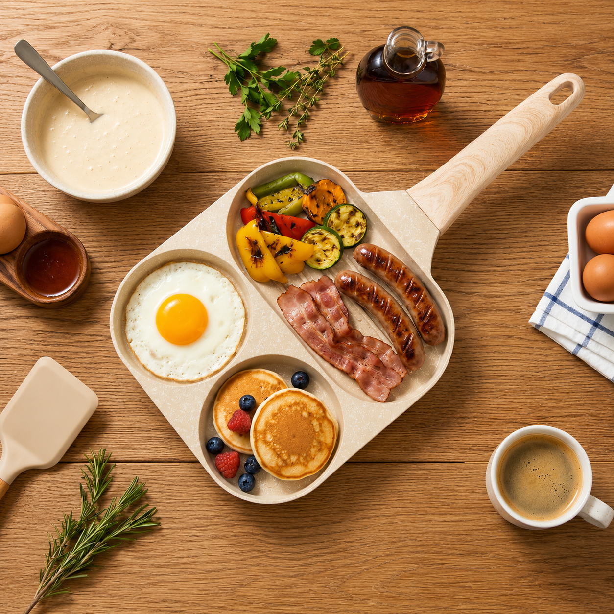 Moonval 3-in-1 Nonstick Frying Pan, Multi-Section Skillet for Eggs, Pancakes & Breakfast Cooking
