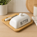 Moonval Ceramic Butter Dish, Butter Keeper with Bamboo Lid, Storage Base & Butter Knife