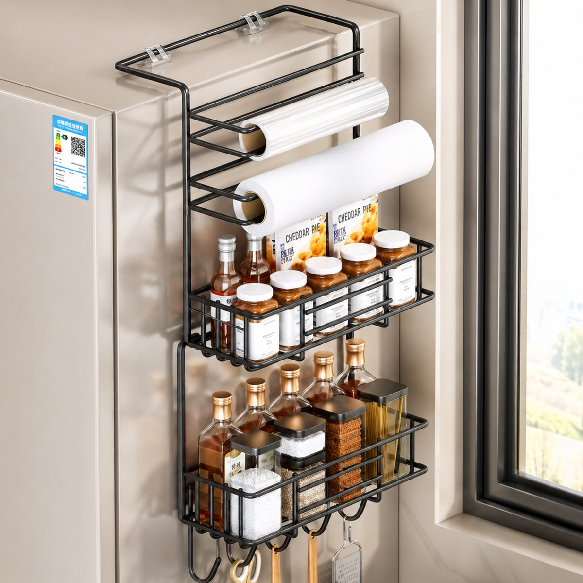 Moonval Magnetic Kitchen Organizer, Fridge Storage Rack with Paper Towel Holder & Utility Hooks
