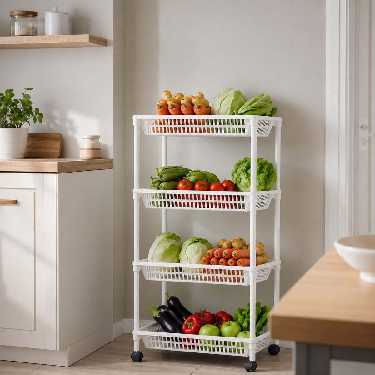 Moonval 4-Tier Rolling Storage Cart, Multi-Purpose Mobile Organizer for Kitchen, Bathroom & Laundry