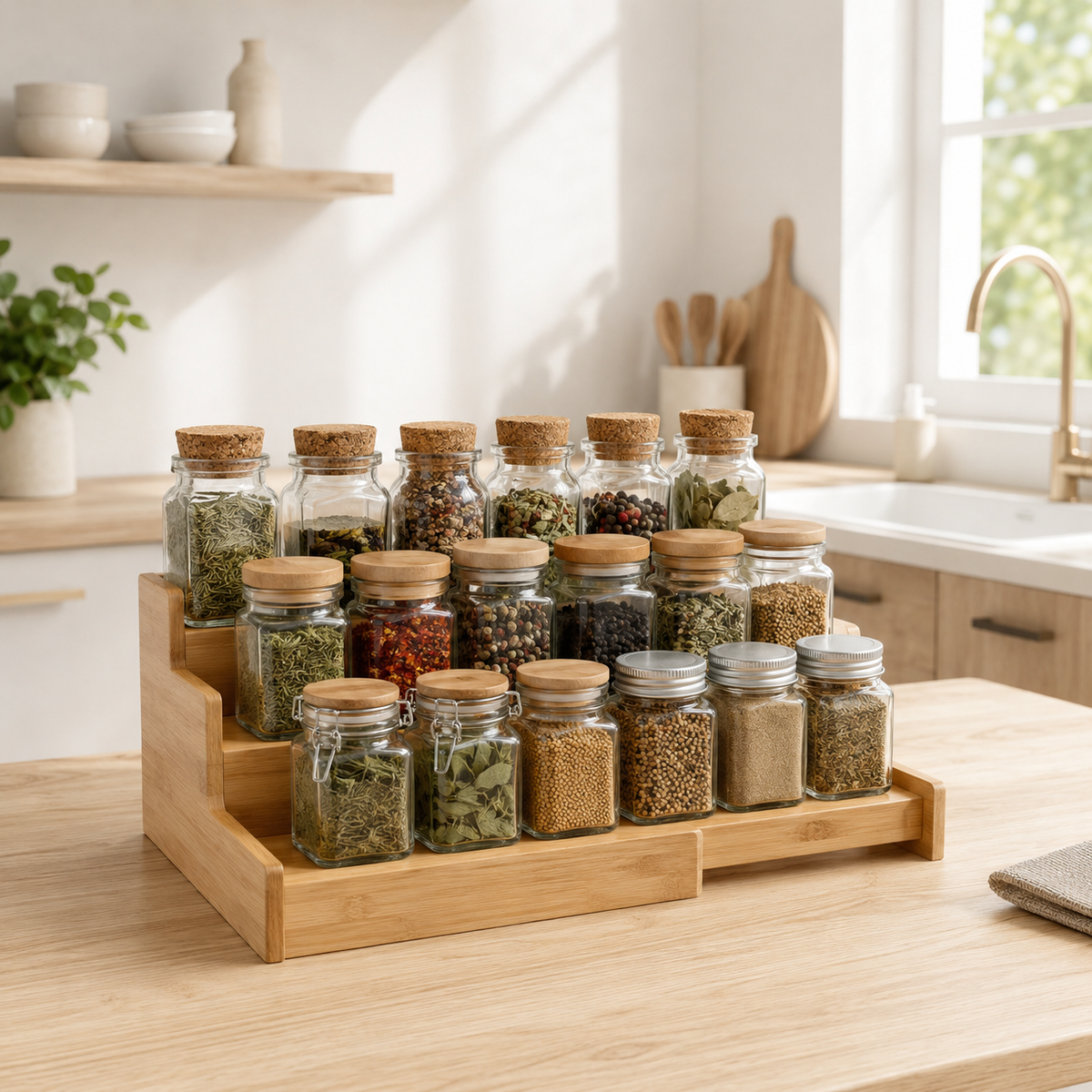Moonval Bamboo Spice Organizer, Expandable Adjustable Spice Rack for Kitchen Cabinets & Countertops