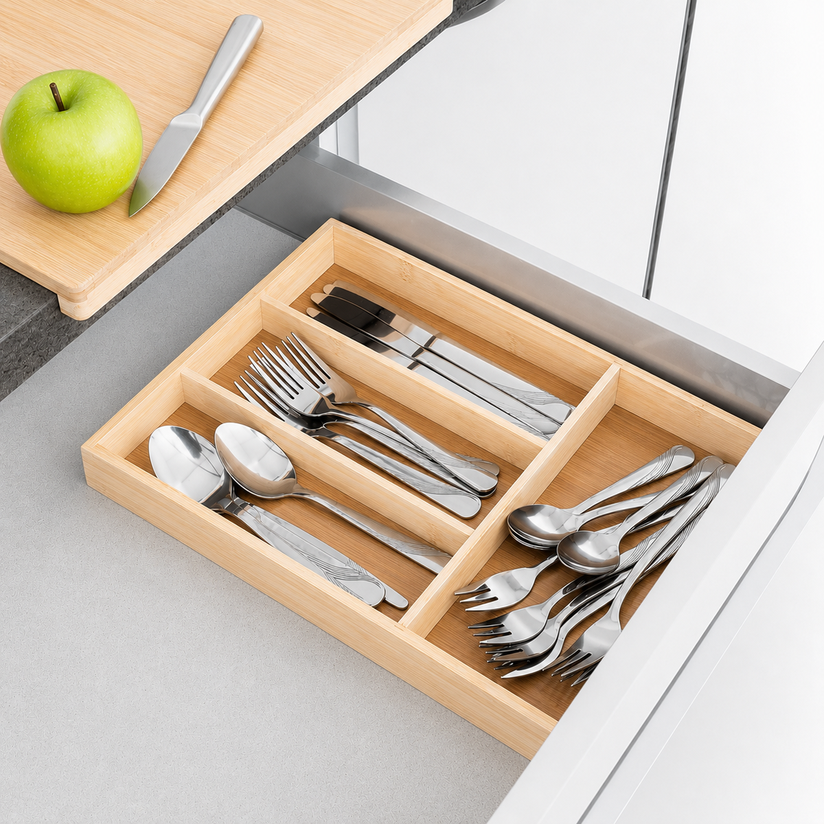 Moonval Bamboo Cutlery Organizer, Expandable Kitchen Drawer Tray for Utensils & Flatware