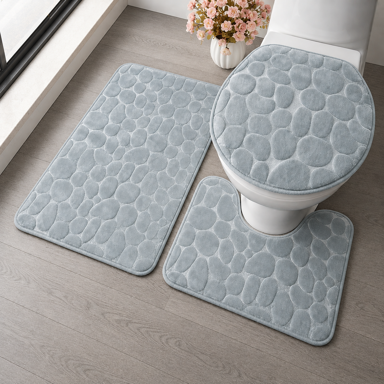 Moonval 3-Piece Bathroom Rug Set, Ultra-Soft Absorbent Non-Slip Mats for Shower, Toilet & Vanity