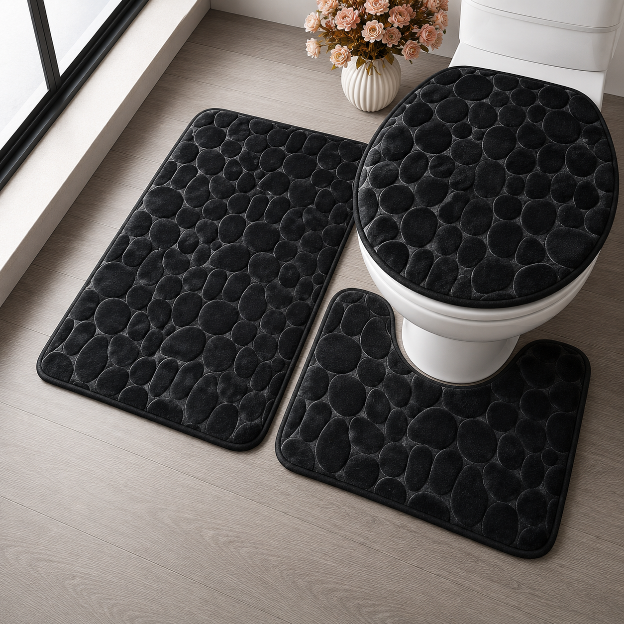 Moonval 3-Piece Bathroom Rug Set, Ultra-Soft Absorbent Non-Slip Mats for Shower, Toilet & Vanity