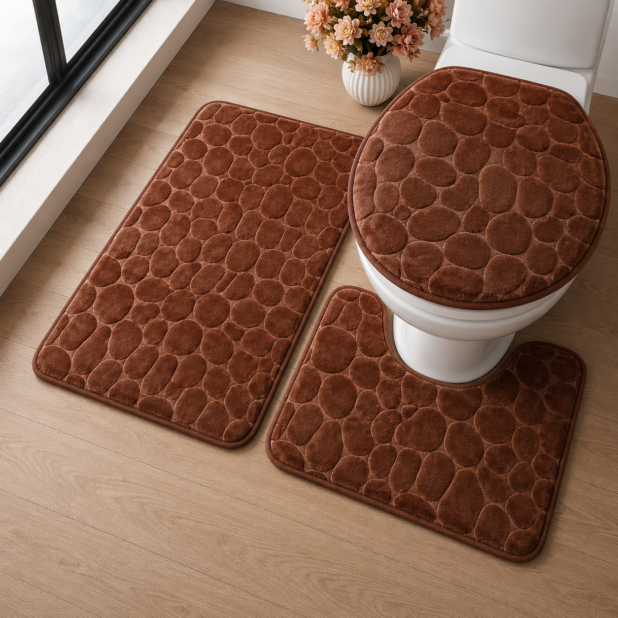 Moonval 3-Piece Bathroom Rug Set, Ultra-Soft Absorbent Non-Slip Mats for Shower, Toilet & Vanity