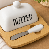 Moonval Ceramic Butter Dish, Butter Keeper with Bamboo Lid, Storage Base & Butter Knife