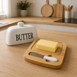 Moonval Ceramic Butter Dish, Butter Keeper with Bamboo Lid, Storage Base & Butter Knife