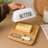Moonval Ceramic Butter Dish, Butter Keeper with Bamboo Lid, Storage Base & Butter Knife
