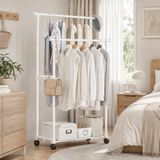 Moonval Double Garment Rack, Heavy-Duty Rolling Clothes Rack with Dual Hanging Rails & Storage Shelf