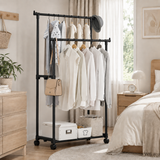 Moonval Double Garment Rack, Heavy-Duty Rolling Clothes Rack with Dual Hanging Rails & Storage Shelf