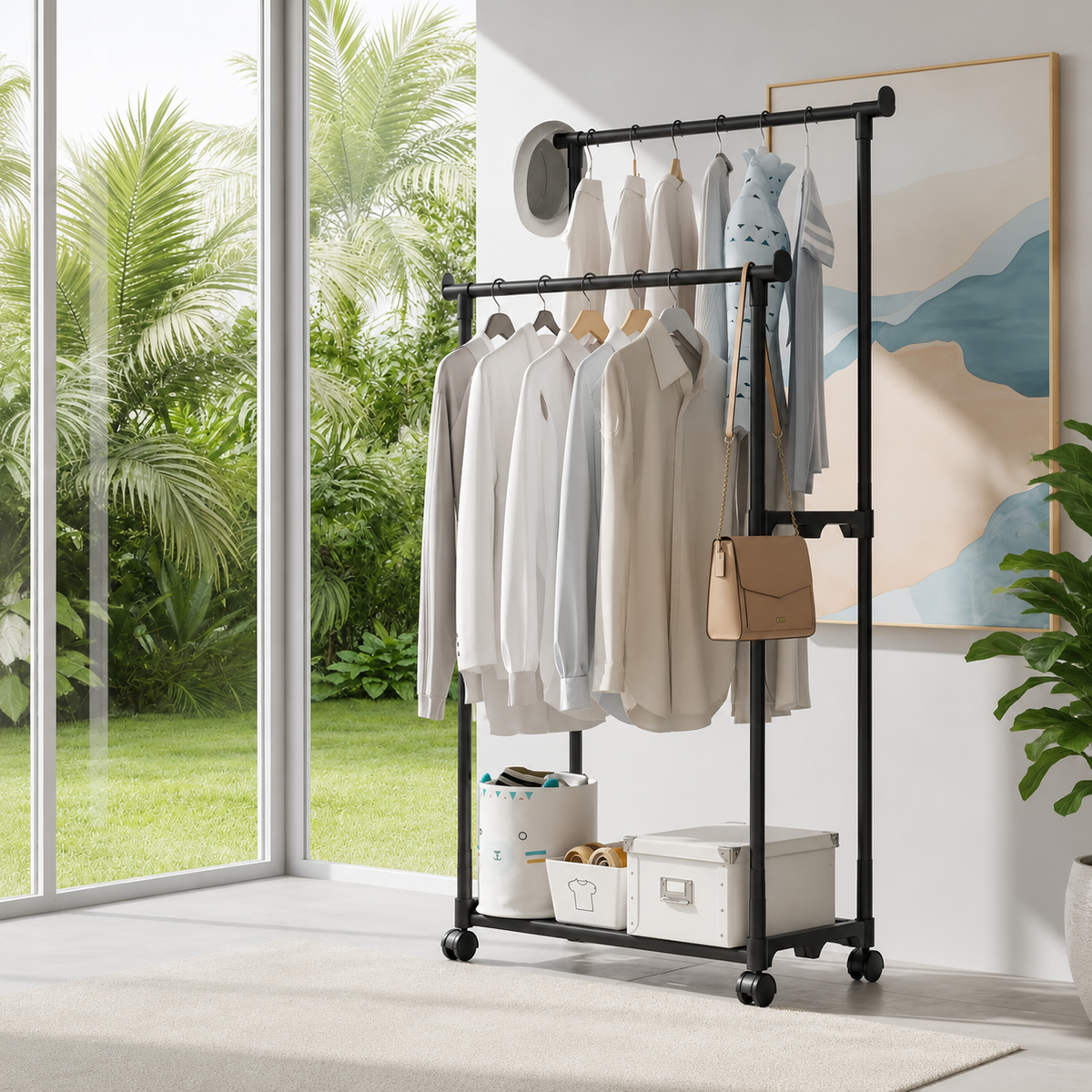 Moonval Double Garment Rack, Heavy-Duty Rolling Clothes Rack with Dual Hanging Rails & Storage Shelf