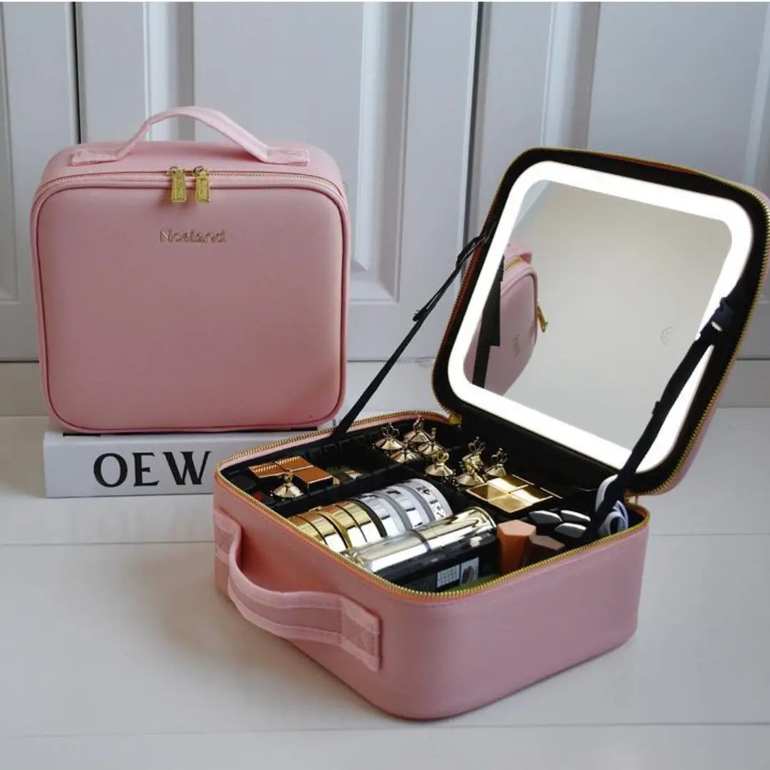 Moonval LED Makeup Organizer Case, Travel Cosmetic Bag with Lighted Mirror & Dividers