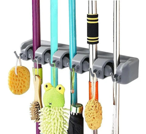 Moonval Broom & Mop Organizer, Wall-Mounted Storage Rack with Heavy-Duty Holders & Utility Hooks