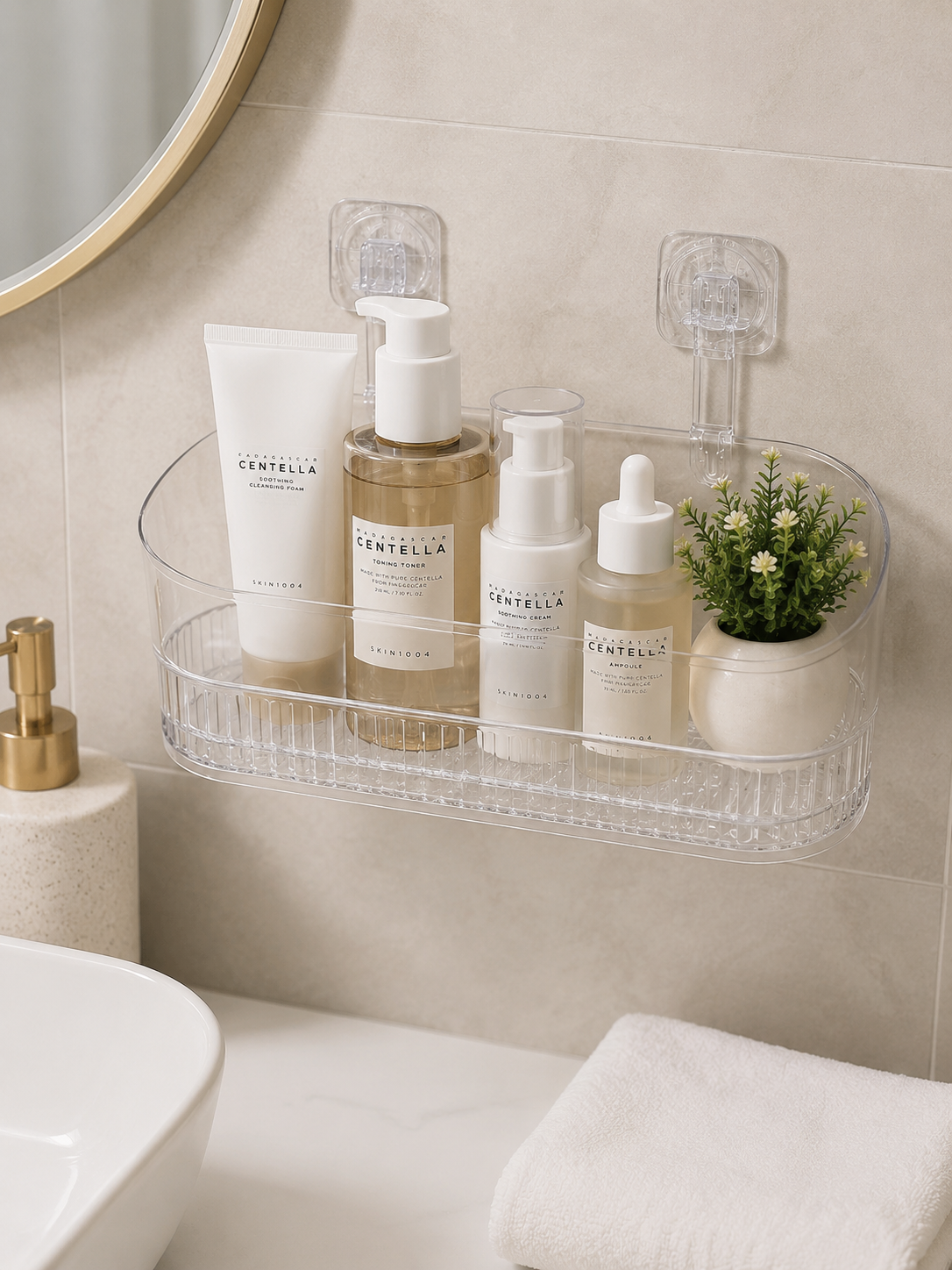 Moonval Clear Acrylic Bathroom Shelf, Adhesive Wall Organizer for Shower & Vanity Storage
