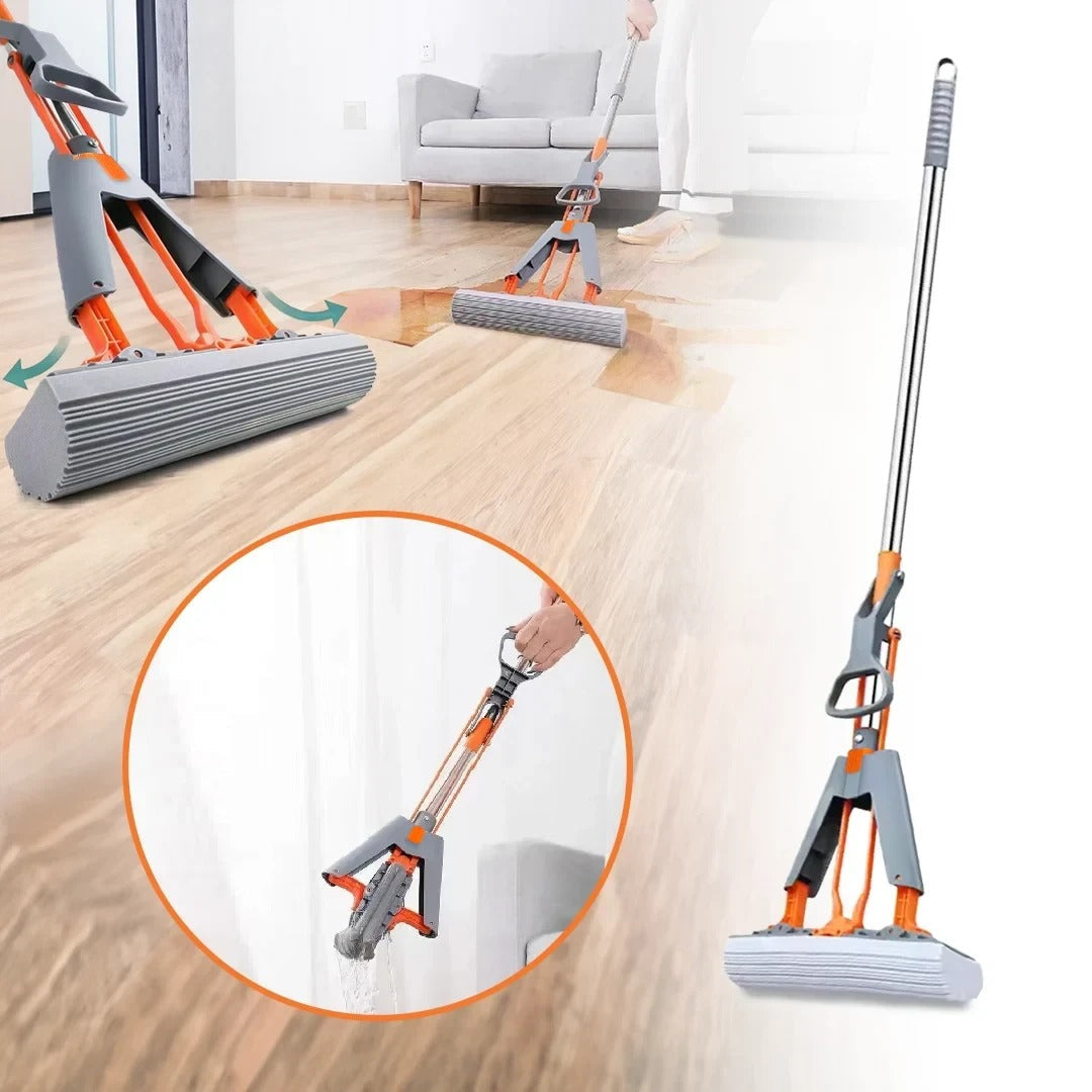 Moonval Self-Wringing Sponge Mop with Handle, 2-in-1 Squeeze Floor Mop for Wet & Dry Cleaning