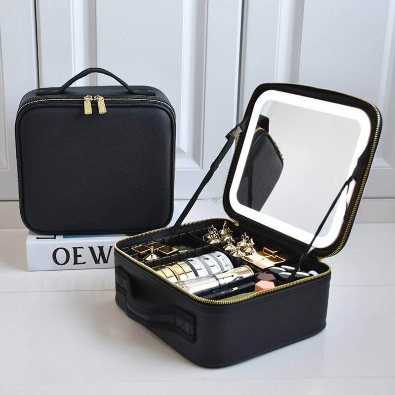 Moonval LED Makeup Organizer Case, Travel Cosmetic Bag with Lighted Mirror & Dividers