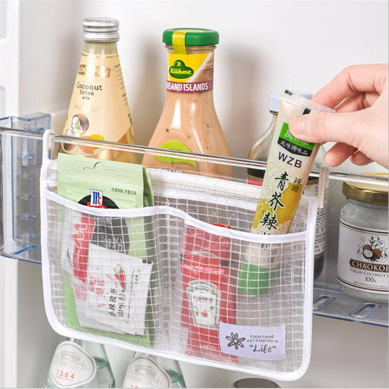 Moonval Hanging Mesh Organizer, Multi-Pocket Refrigerator Storage Bag with Hooks