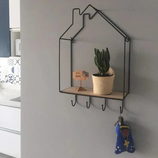 Moonval Nordic House Wall Shelf, Hut-Style Floating Storage Rack with Hooks for Bedroom & Entryway