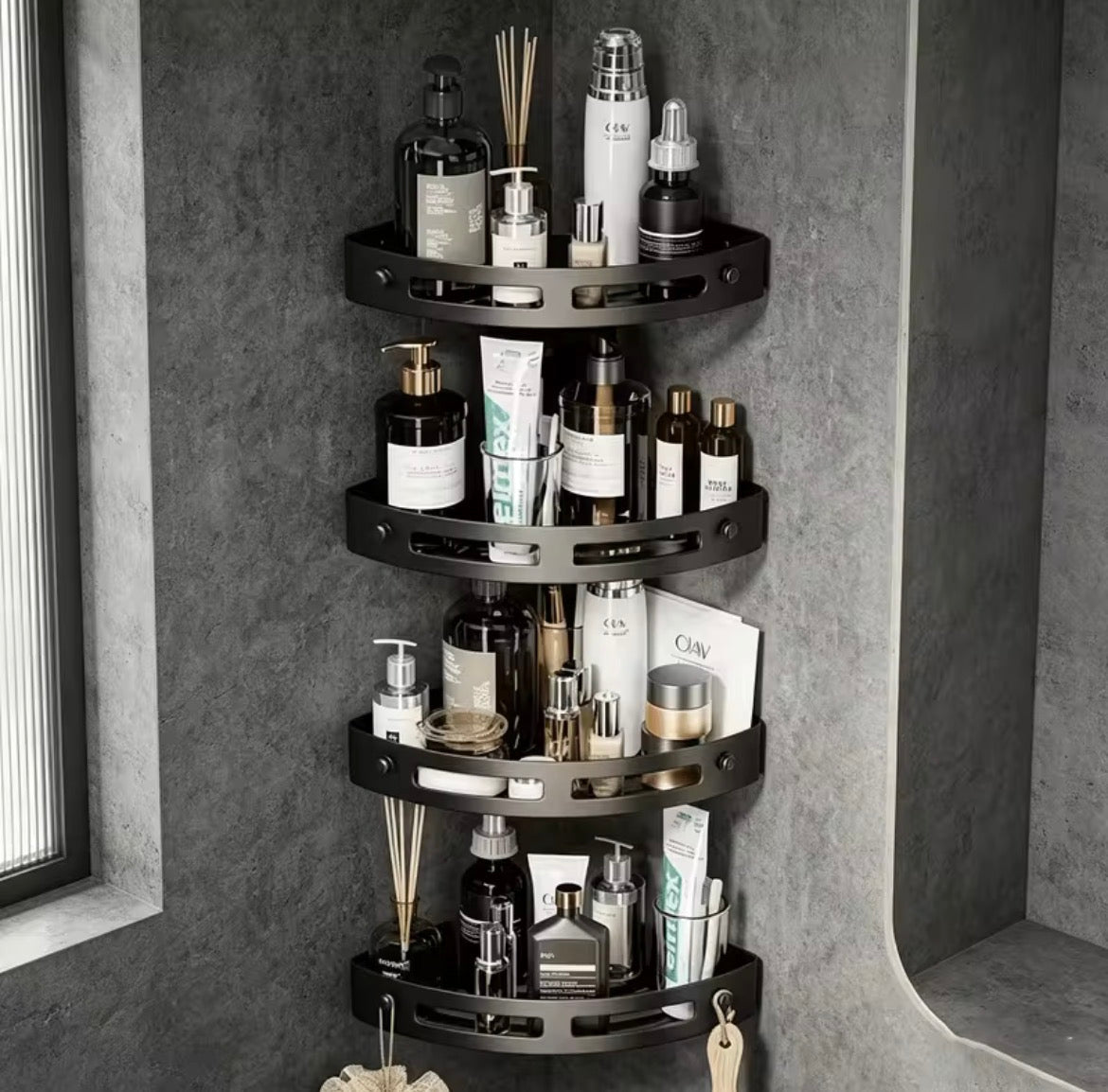 Moonval Corner Shower Caddy Set, 4-Pack Adhesive Bathroom Shelves with Hooks, Rustproof