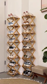 Moonval 8-Tier Foldable Bamboo Shoe Rack, Space-Saving Wooden Shoe Organizer Shelf