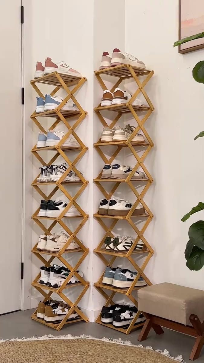 Moonval 8-Tier Foldable Bamboo Shoe Rack, Space-Saving Wooden Shoe Organizer Shelf
