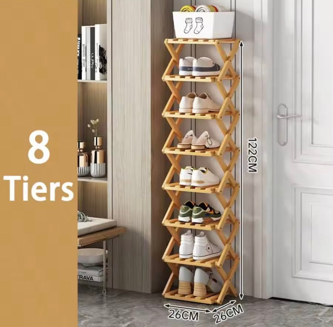 Moonval 8-Tier Foldable Bamboo Shoe Rack, Space-Saving Wooden Shoe Organizer Shelf