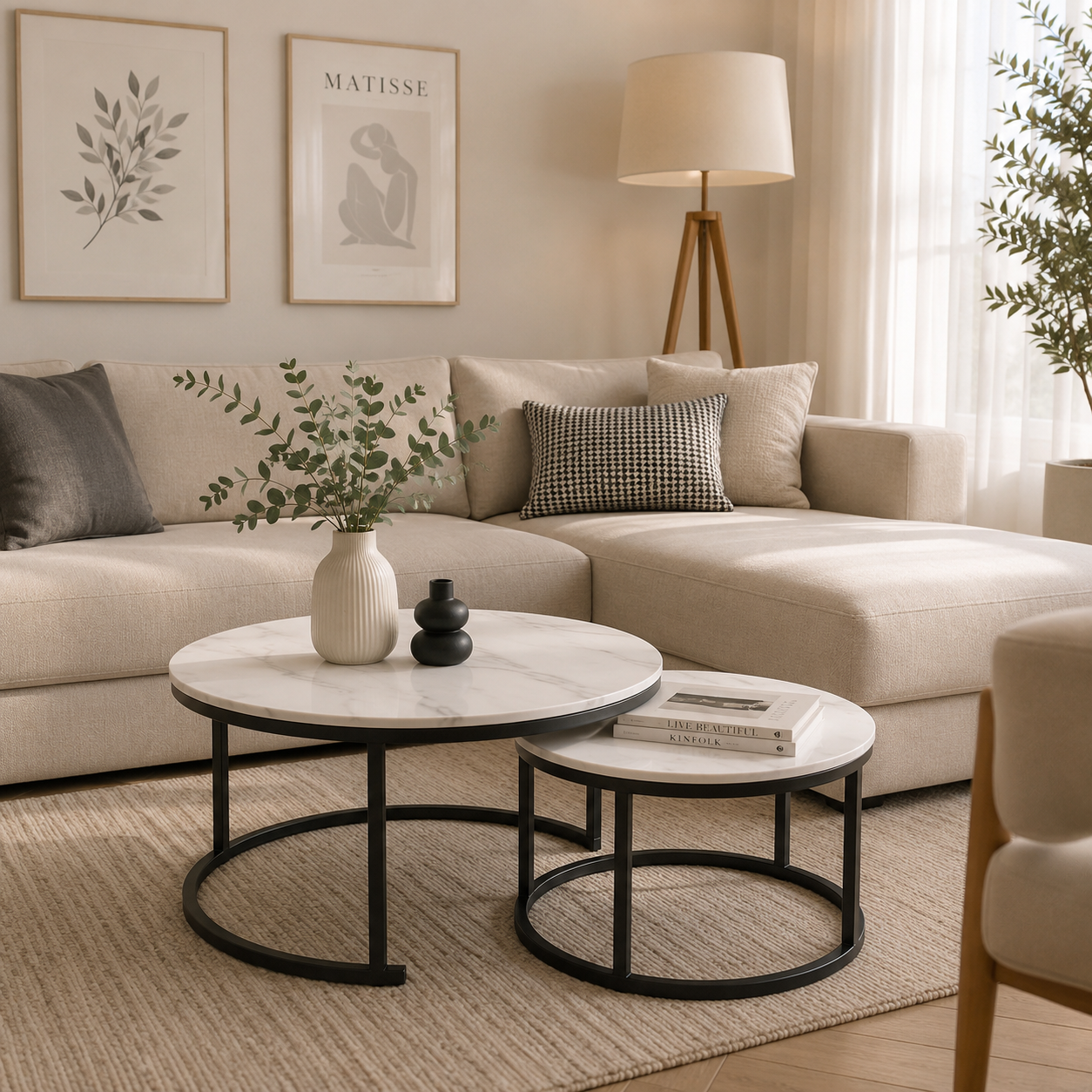 Moonval Nesting Coffee Table Set, Modern Round Side Tables with Marble-Style Tops, 2-Piece