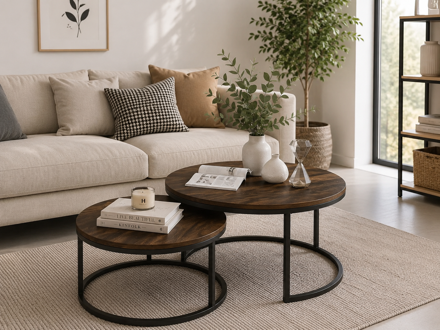 Moonval Nesting Coffee Table Set, Modern Round Side Tables with Marble-Style Tops, 2-Piece