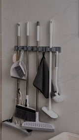 Moonval Wall-Mounted Broom Holder, 5-Slot Mop & Tool Organizer Rack with Hooks