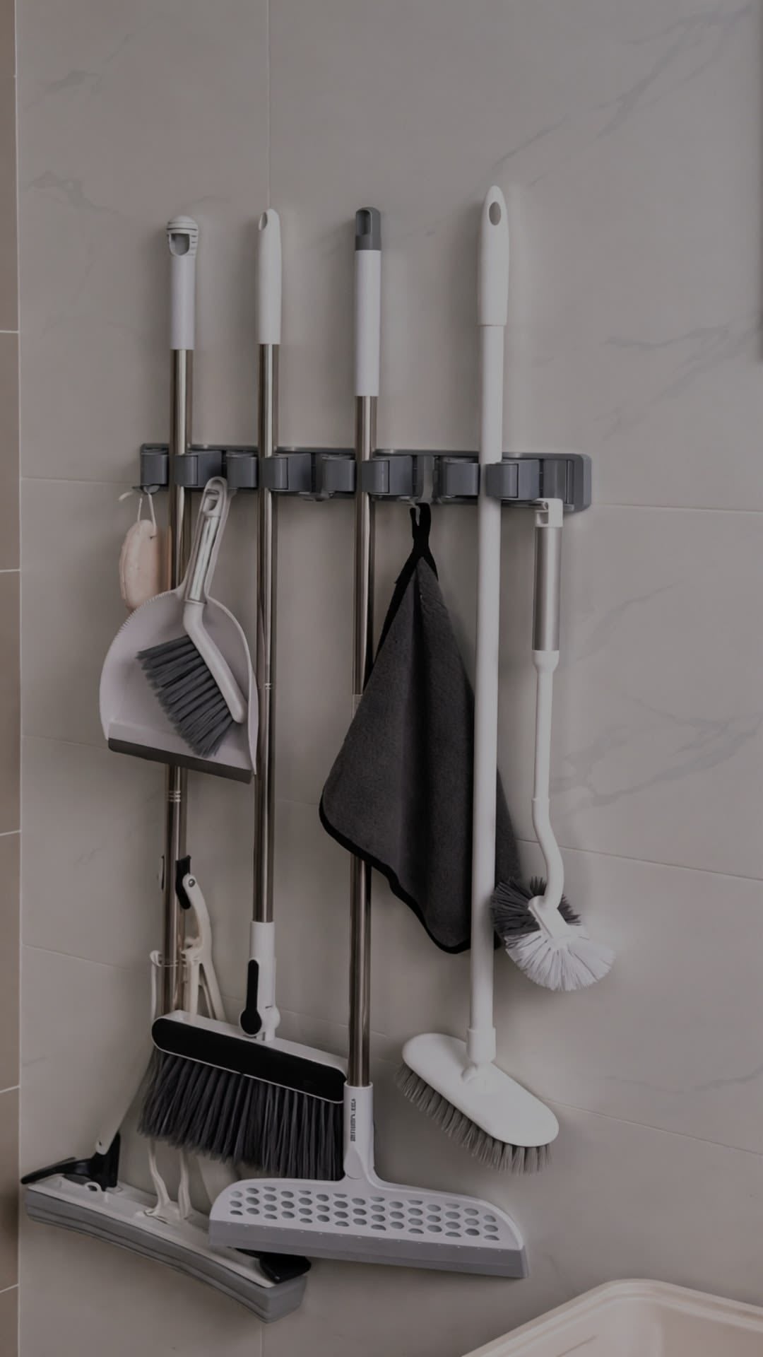 Moonval Wall-Mounted Broom Holder, 5-Slot Mop & Tool Organizer Rack with Hooks