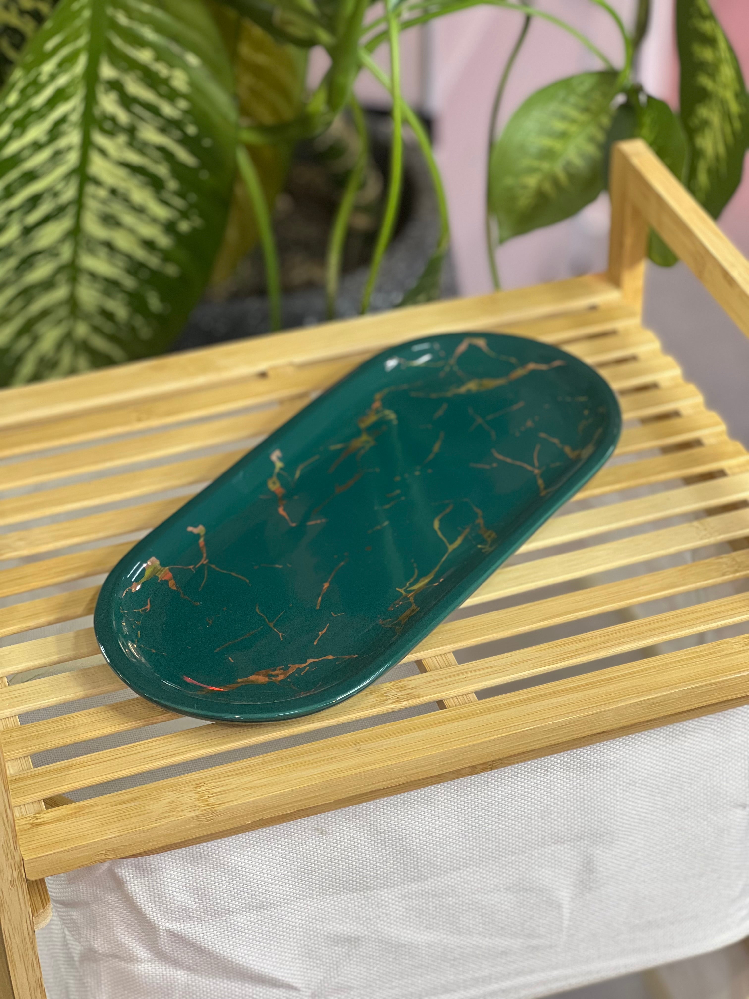 Moonval Green Marble Decorative Tray, Oval Vanity Organizer for Bathroom, Kitchen & Décor