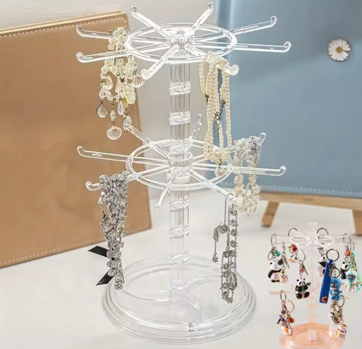 Moonval Rotating Jewelry Organizer Stand, 2-Tier Clear Necklace, Bracelet & Earring Holder
