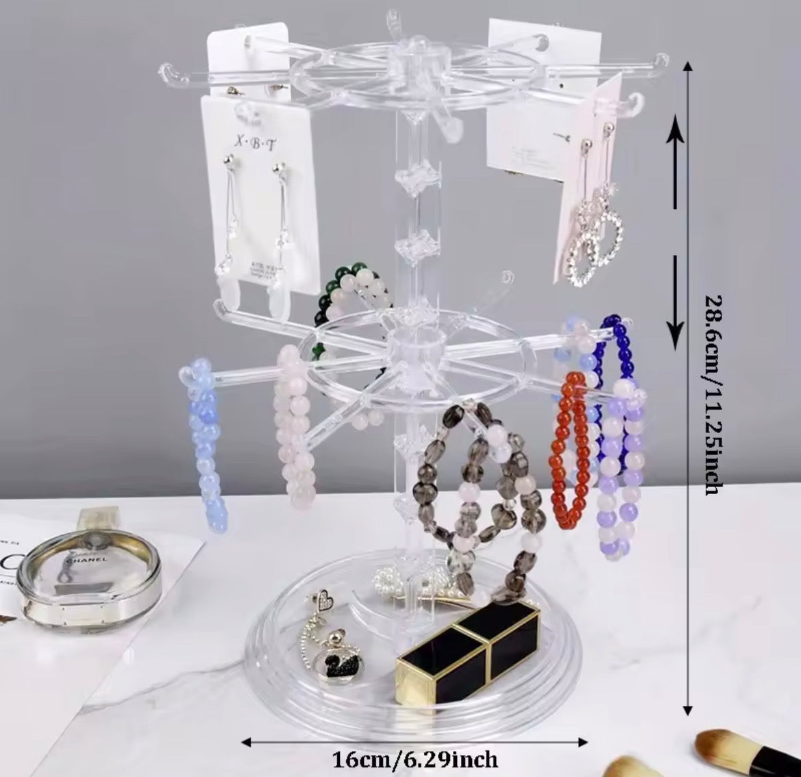 Moonval Rotating Jewelry Organizer Stand, 2-Tier Clear Necklace, Bracelet & Earring Holder