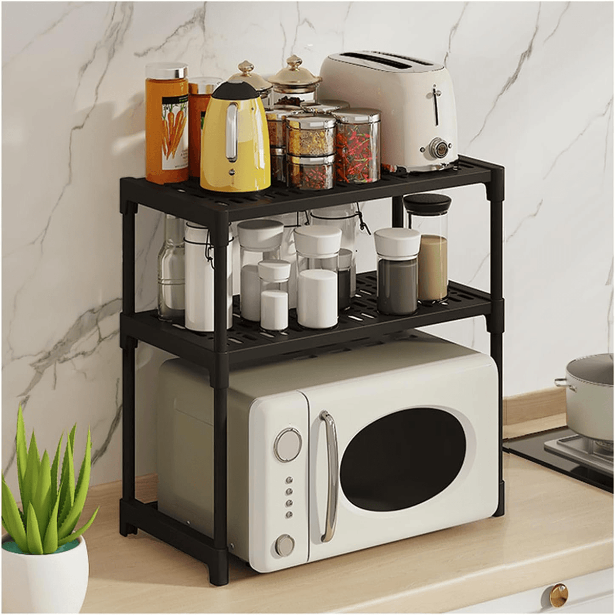 Moonval Microwave Storage Rack, 2-Tier Kitchen Counter Organizer for Microwave, Toaster & Appliances