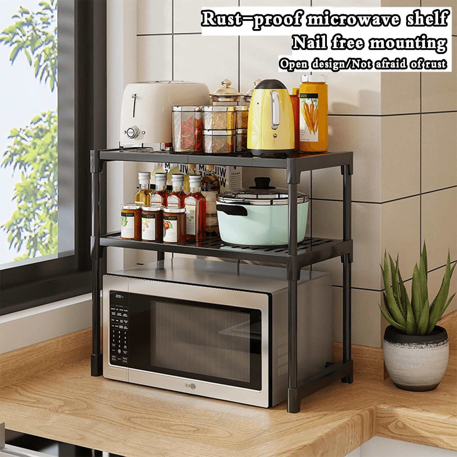 Moonval Microwave Storage Rack, 2-Tier Kitchen Counter Organizer for Microwave, Toaster & Appliances
