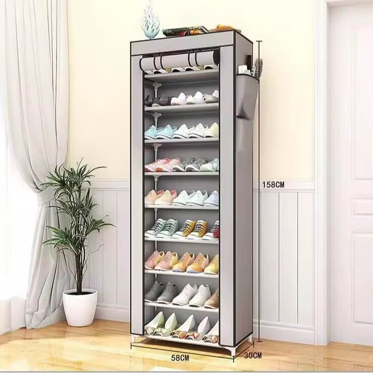 Moonval Fabric Shoe Cabinet, 8-Tier Dustproof Shoe Storage Organizer with Roll-Up Cover
