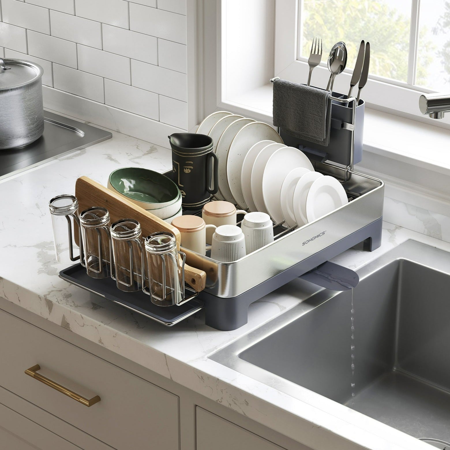Moonval Full-Size Steel Dish Drying Rack, Premium Kitchen Dish Drainer with Utensil Holder