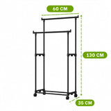 Moonval Double Garment Rack, Heavy-Duty Rolling Clothes Rack with Dual Hanging Rails & Storage Shelf