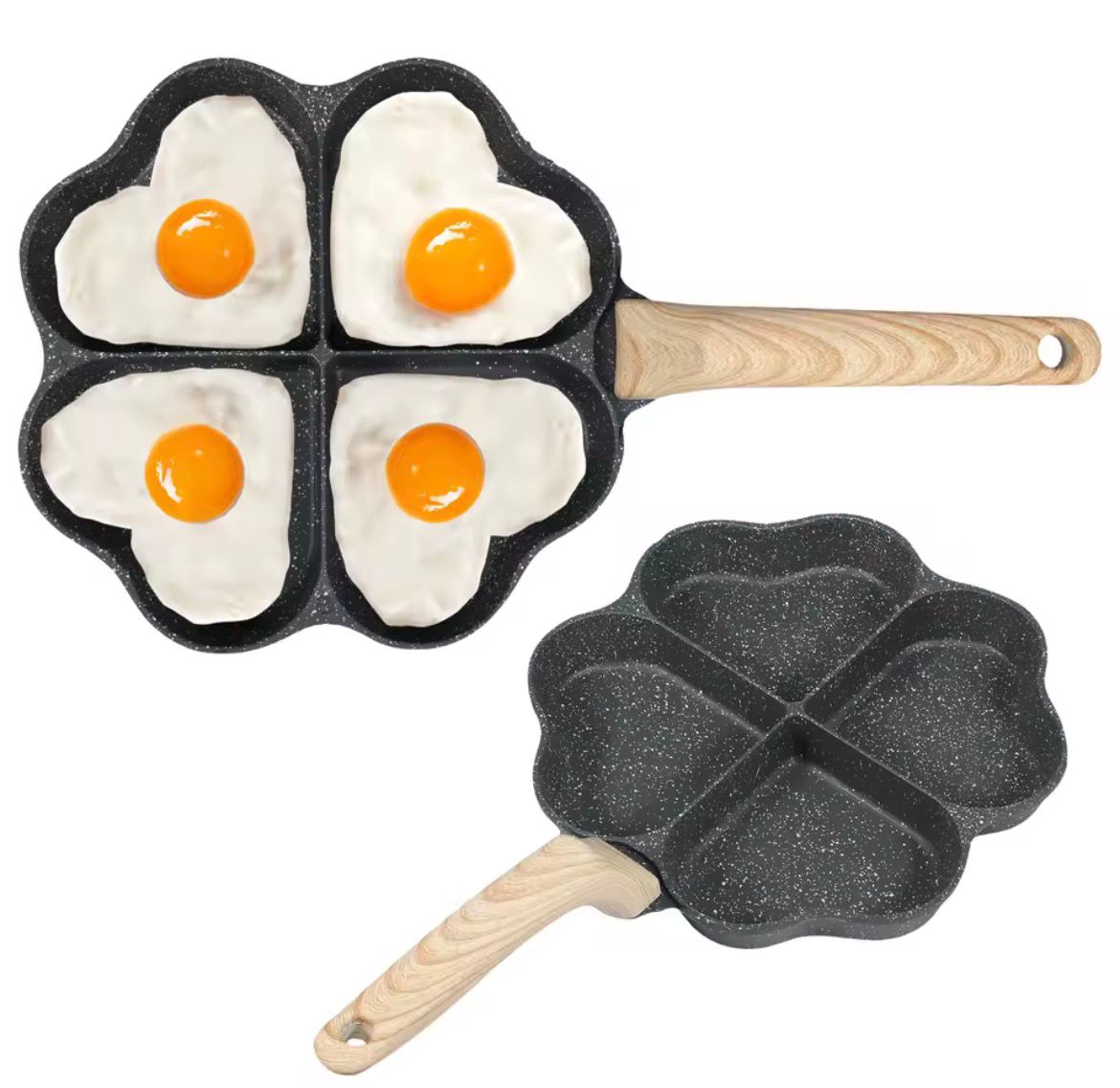 Moonval 4-Cup Heart Frying Pan, Nonstick Divided Breakfast Skillet with Wooden Handle