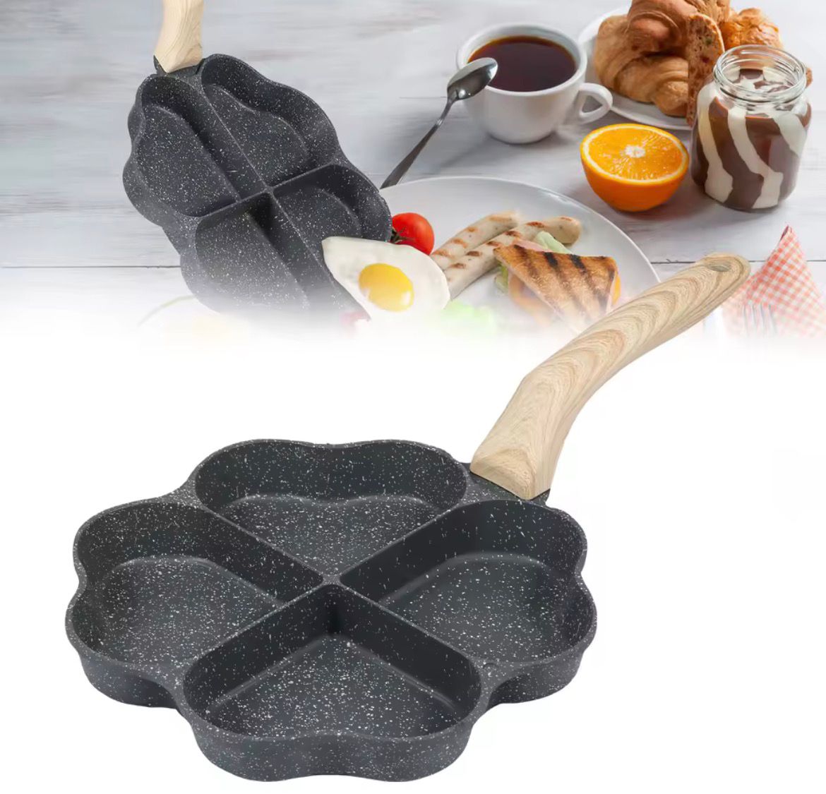 Moonval 4-Cup Heart Frying Pan, Nonstick Divided Breakfast Skillet with Wooden Handle