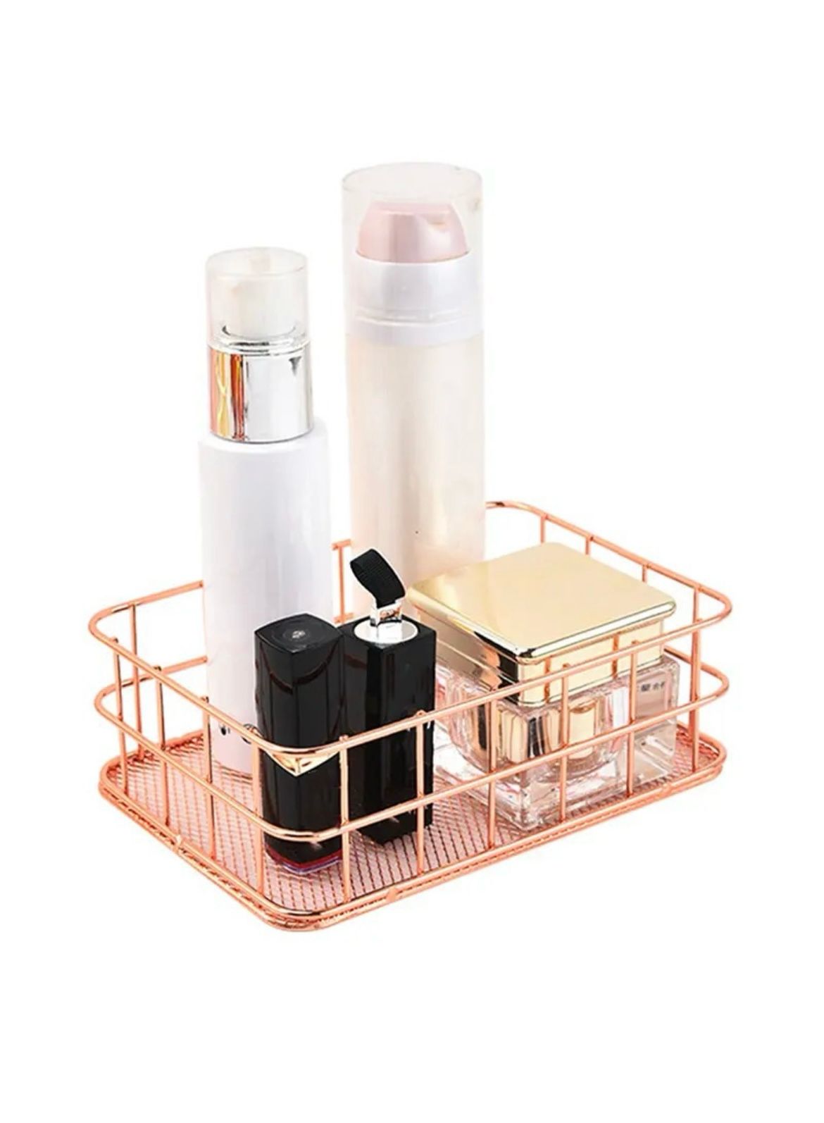 Moonval Rose Gold Metal Storage Basket, Desktop Organizer Tray for Bathroom & Vanity