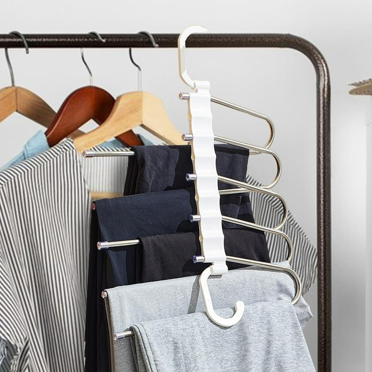 Moonval Foldable Clothes Hanger, 5-in-1 Multi-Layer Steel Space-Saving Wardrobe Organizer