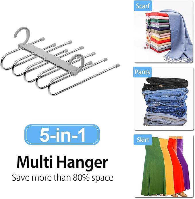Moonval Foldable Clothes Hanger, 5-in-1 Multi-Layer Steel Space-Saving Wardrobe Organizer