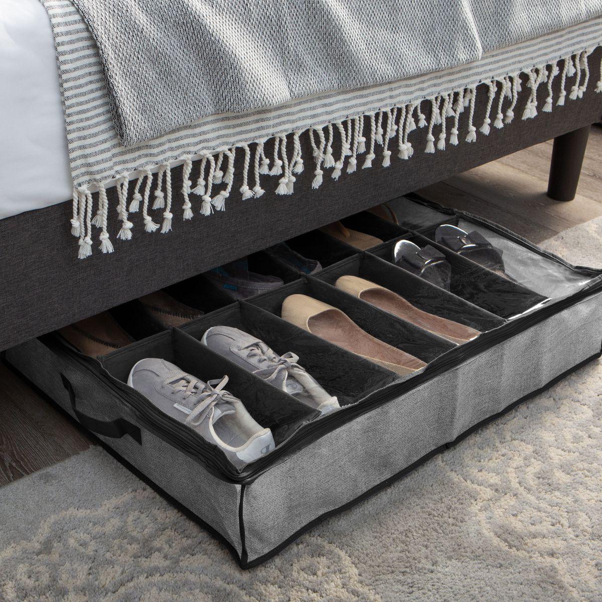 Moonval Under Bed Shoe Organizer, Foldable Storage Bag with Clear Lid & Dividers